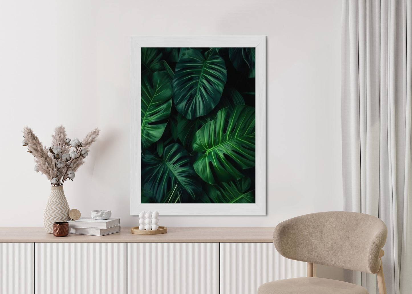 Poster Botanisches Muster Aus Dunkelgrünen Monstera-Blättern Rahmen Holz Mit Passepartout Farbe Natürlich
