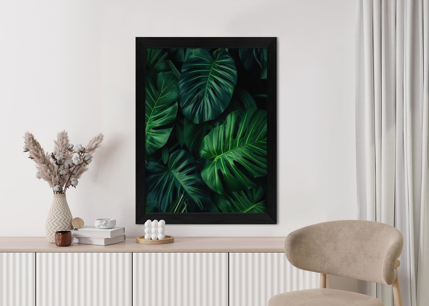 Poster Botanisches Muster Aus Dunkelgrünen Monstera-Blättern Rahmen Holz Mit Passepartout Farbe Natürlich