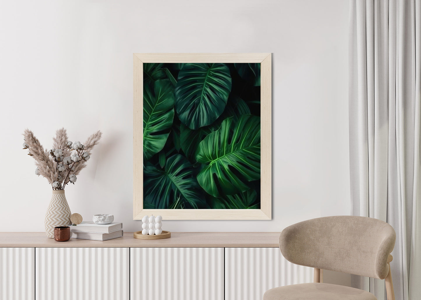 Poster Botanisches Muster Aus Dunkelgrünen Monstera-Blättern Rahmen Holz Mit Passepartout Farbe Natürlich