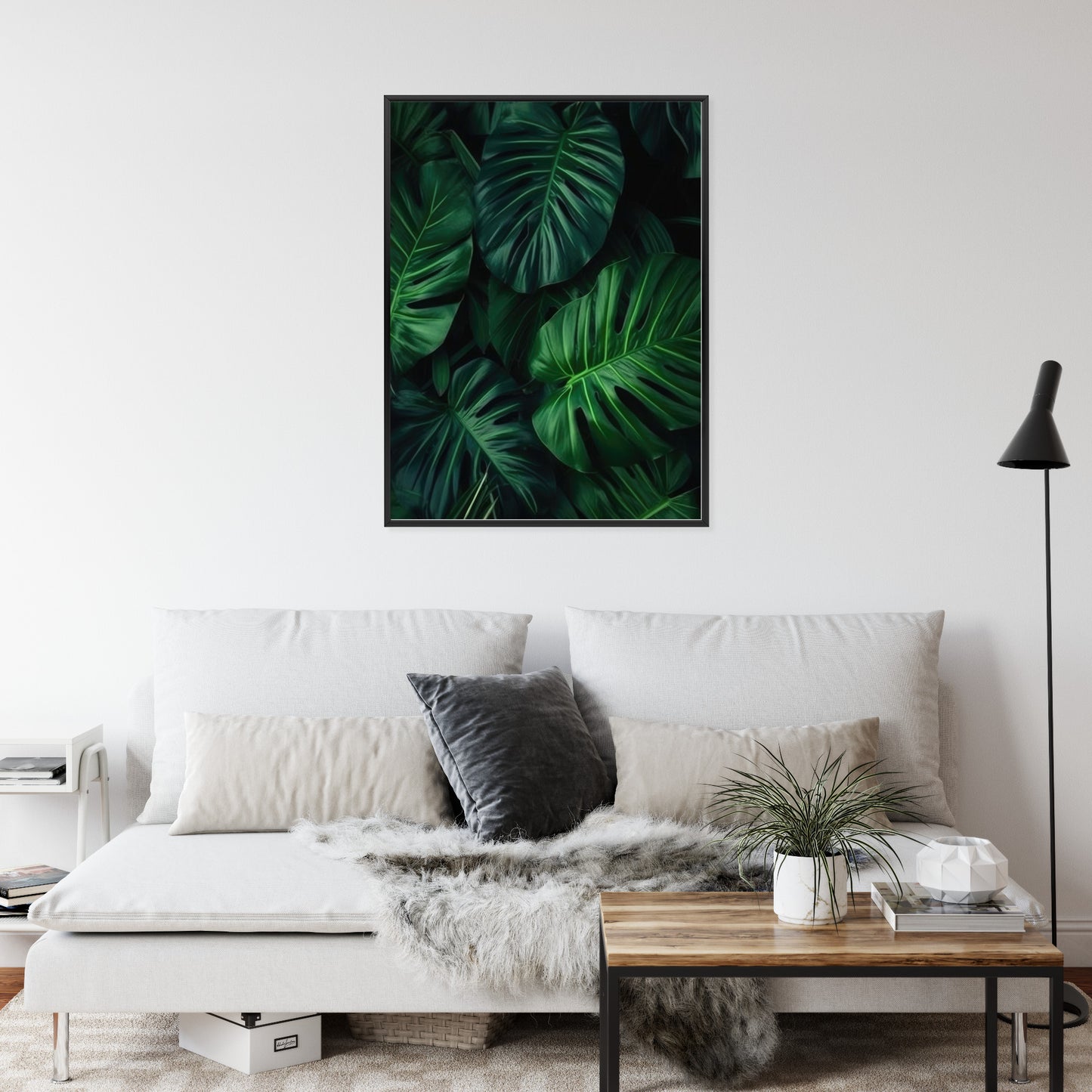 Poster Botanisches Muster Aus Dunkelgrünen Monstera-Blättern Rahmen Holz Mit Passepartout Farbe Natürlich