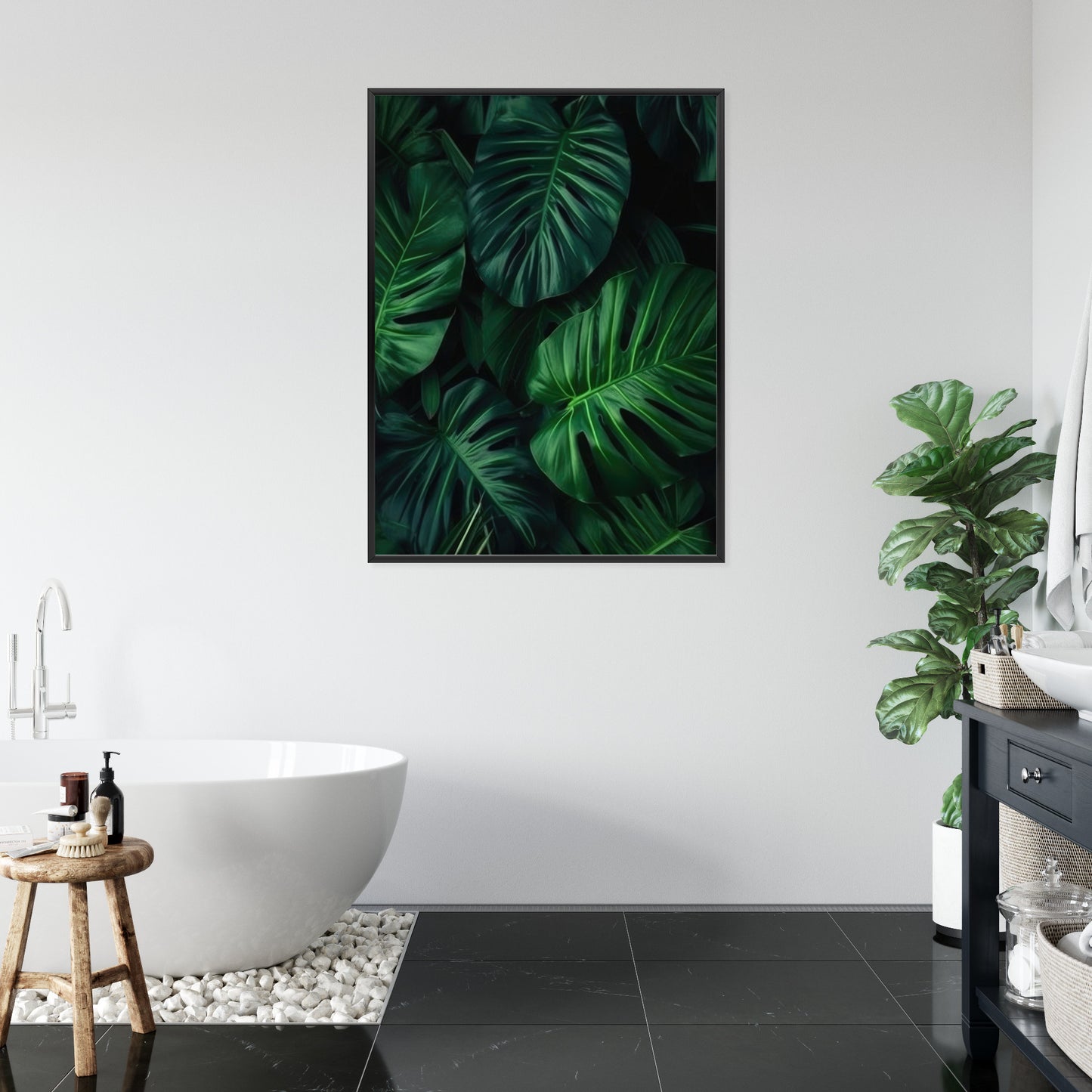 Poster Botanisches Muster Aus Dunkelgrünen Monstera-Blättern Rahmen Holz Mit Passepartout Farbe Natürlich