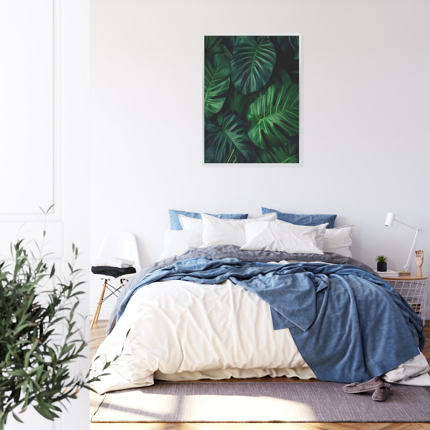 Poster Botanisches Muster Aus Dunkelgrünen Monstera-Blättern Rahmen Holz Mit Passepartout Farbe Natürlich