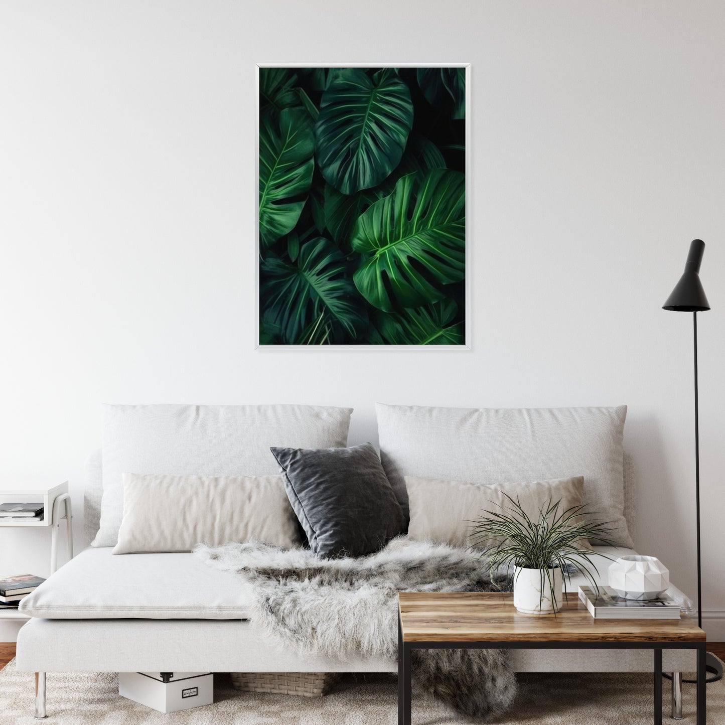 Poster Botanisches Muster Aus Dunkelgrünen Monstera-Blättern Rahmen Holz Mit Passepartout Farbe Natürlich