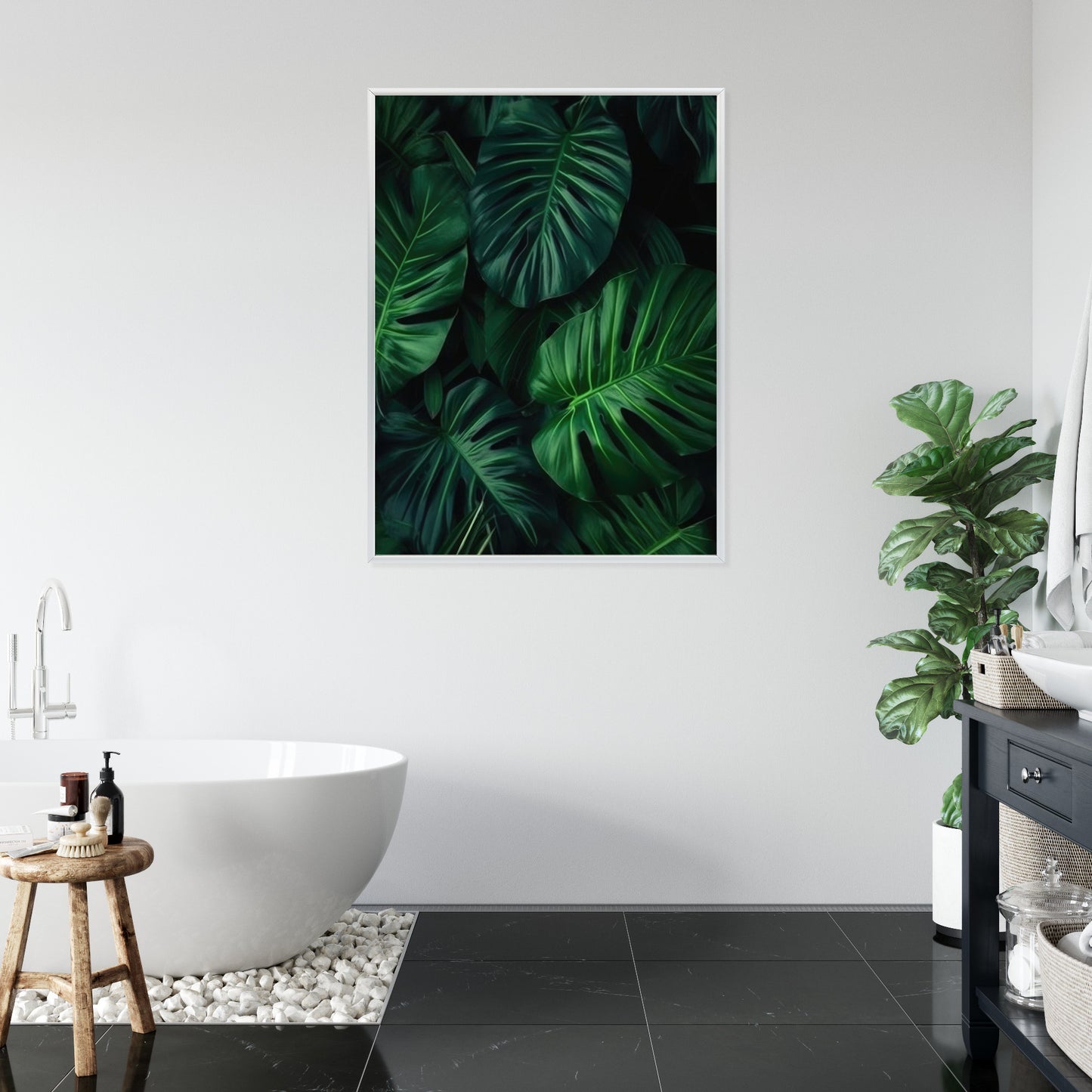 Poster Botanisches Muster Aus Dunkelgrünen Monstera-Blättern Rahmen Holz Mit Passepartout Farbe Natürlich