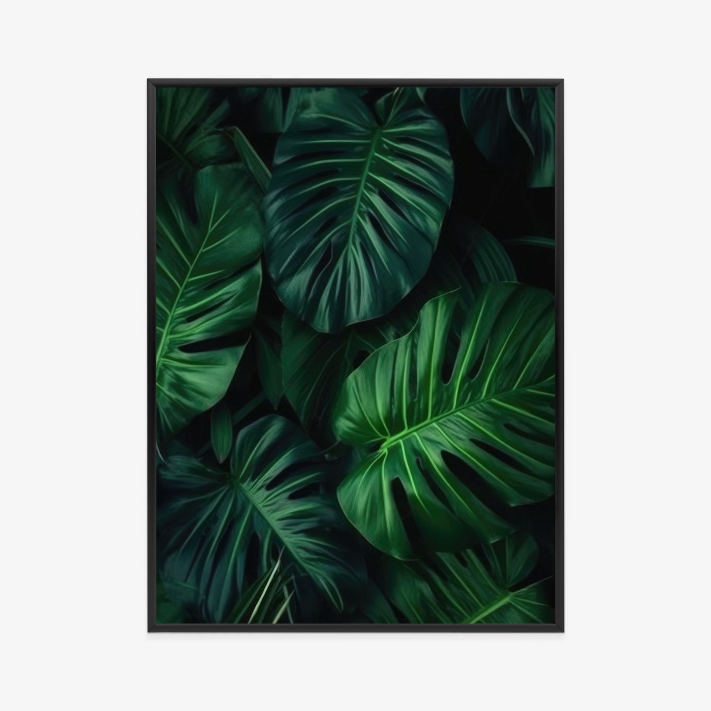 Poster Botanisches Muster Aus Dunkelgrünen Monstera-Blättern Rahmen Holz Mit Passepartout Farbe Natürlich