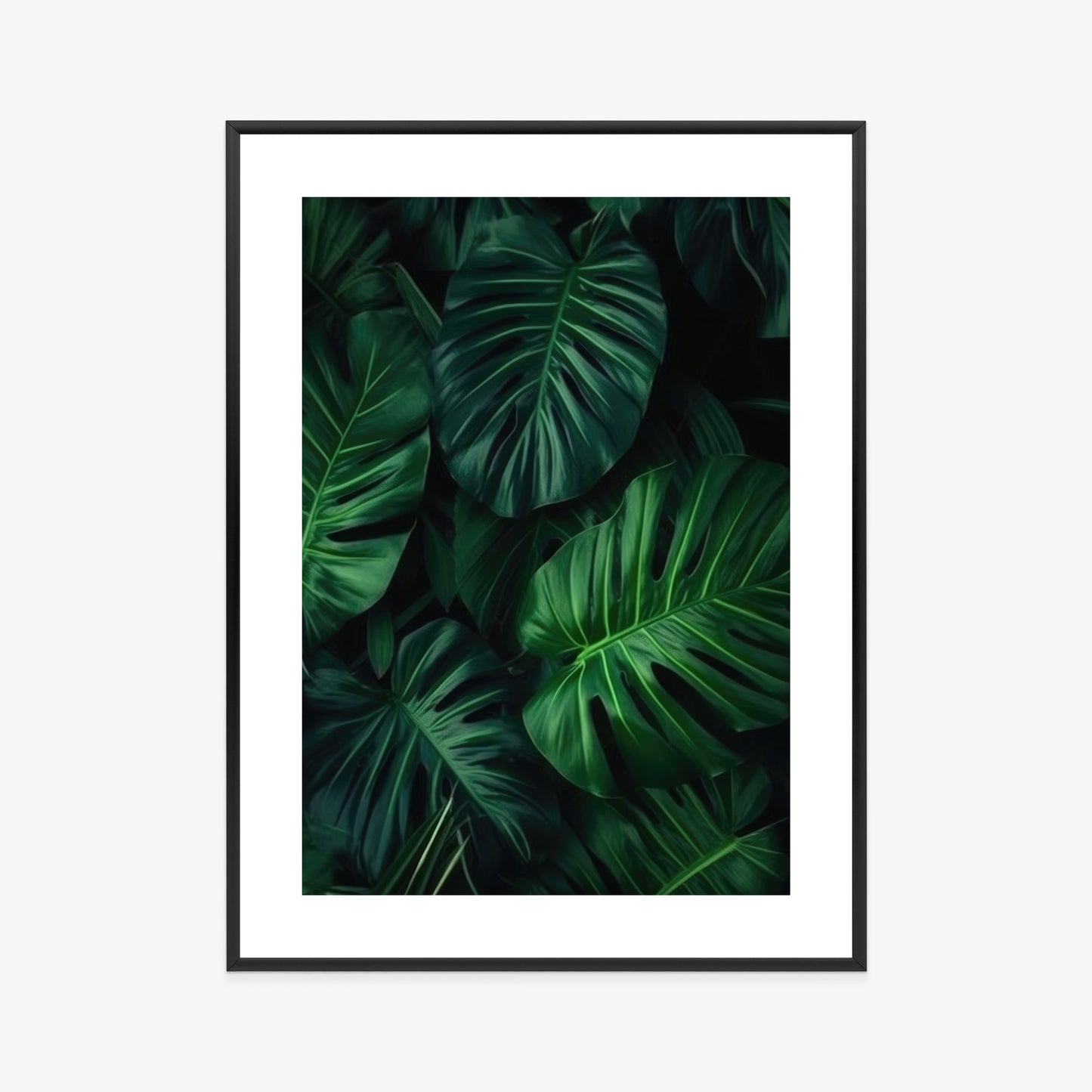 Poster Botanisches Muster Aus Dunkelgrünen Monstera-Blättern Rahmen Holz Mit Passepartout Farbe Natürlich