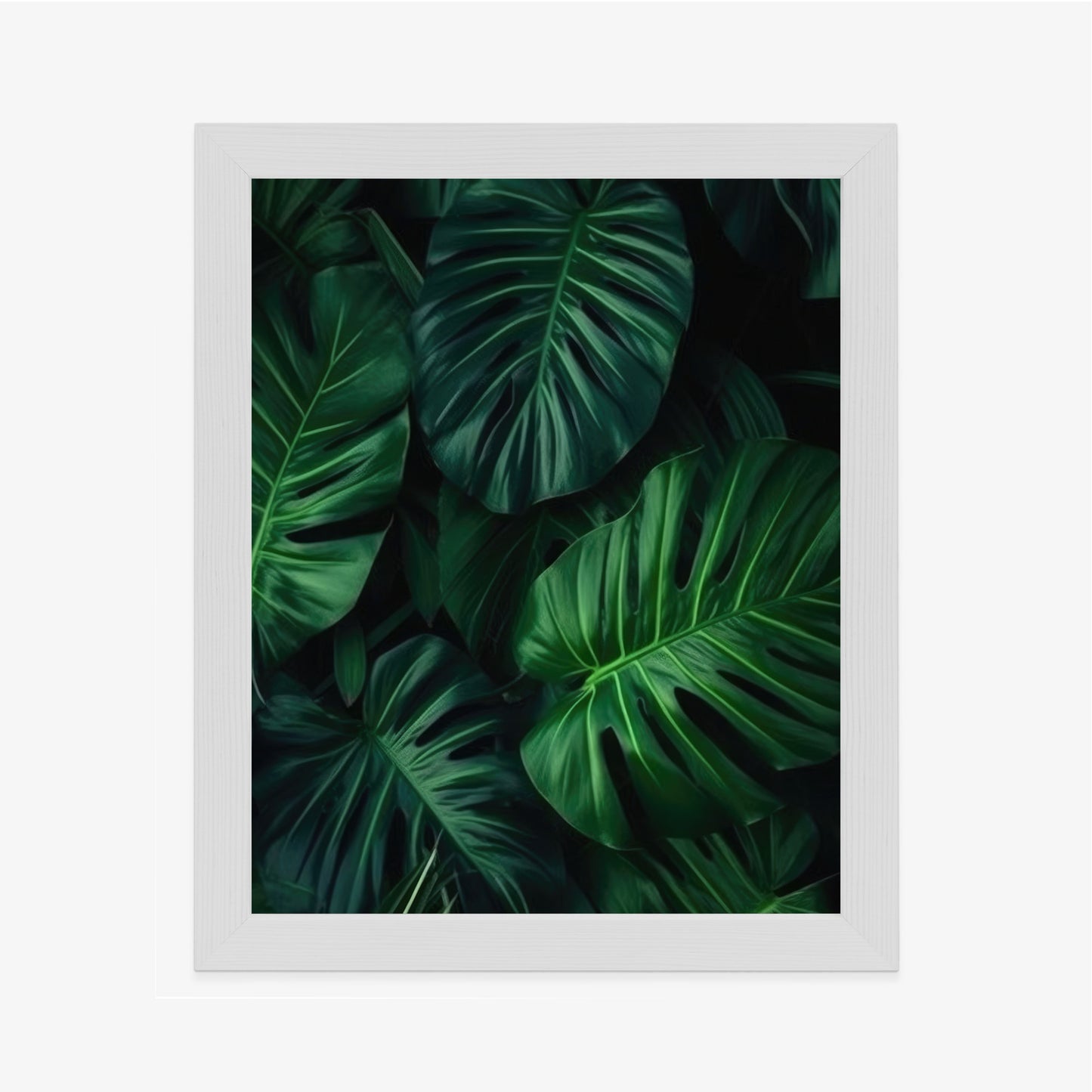 Poster Botanisches Muster Aus Dunkelgrünen Monstera-Blättern Rahmen Holz Mit Passepartout Farbe Natürlich