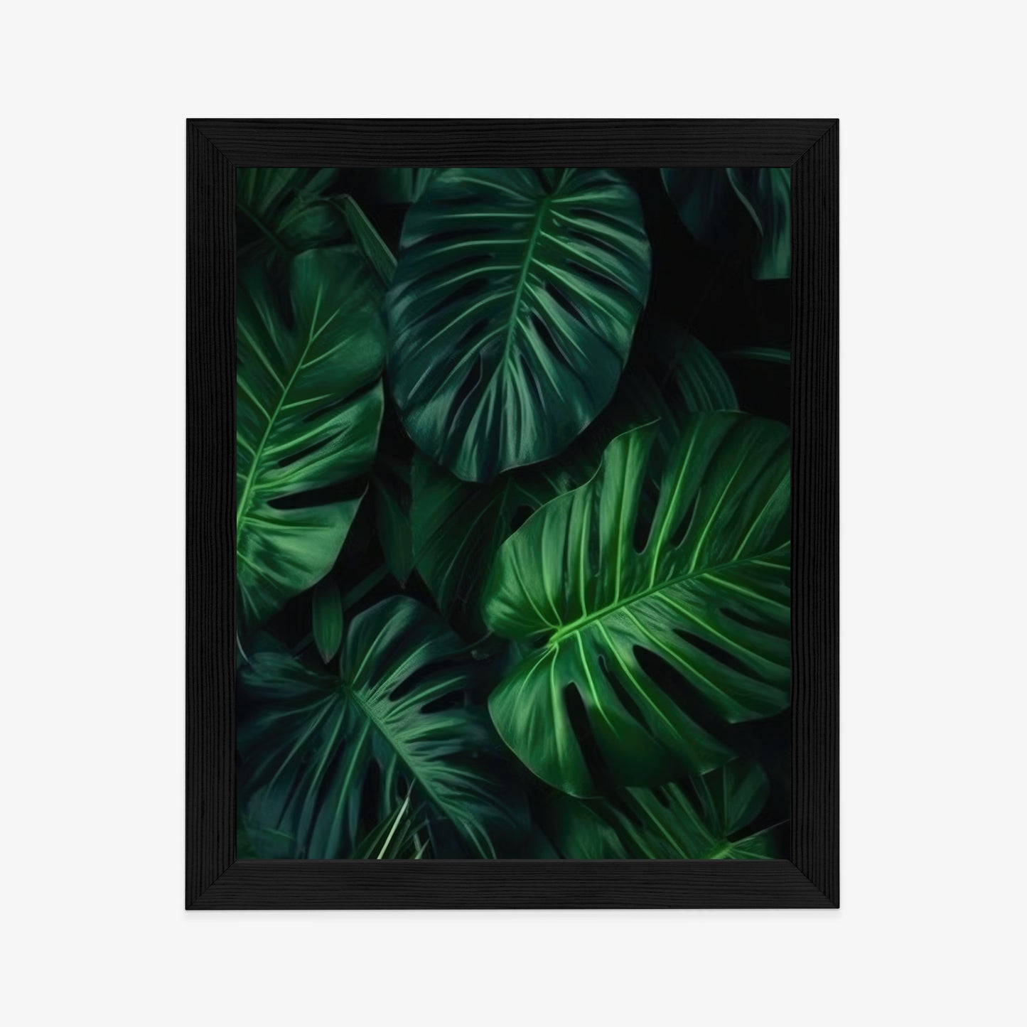 Poster Botanisches Muster Aus Dunkelgrünen Monstera-Blättern Rahmen Holz Mit Passepartout Farbe Natürlich