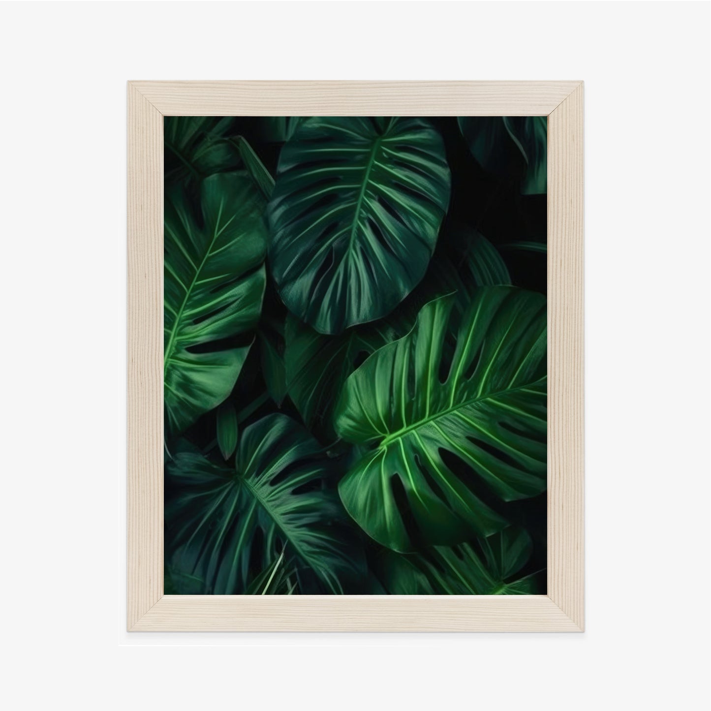 Poster Botanisches Muster Aus Dunkelgrünen Monstera-Blättern Rahmen Holz Mit Passepartout Farbe Natürlich