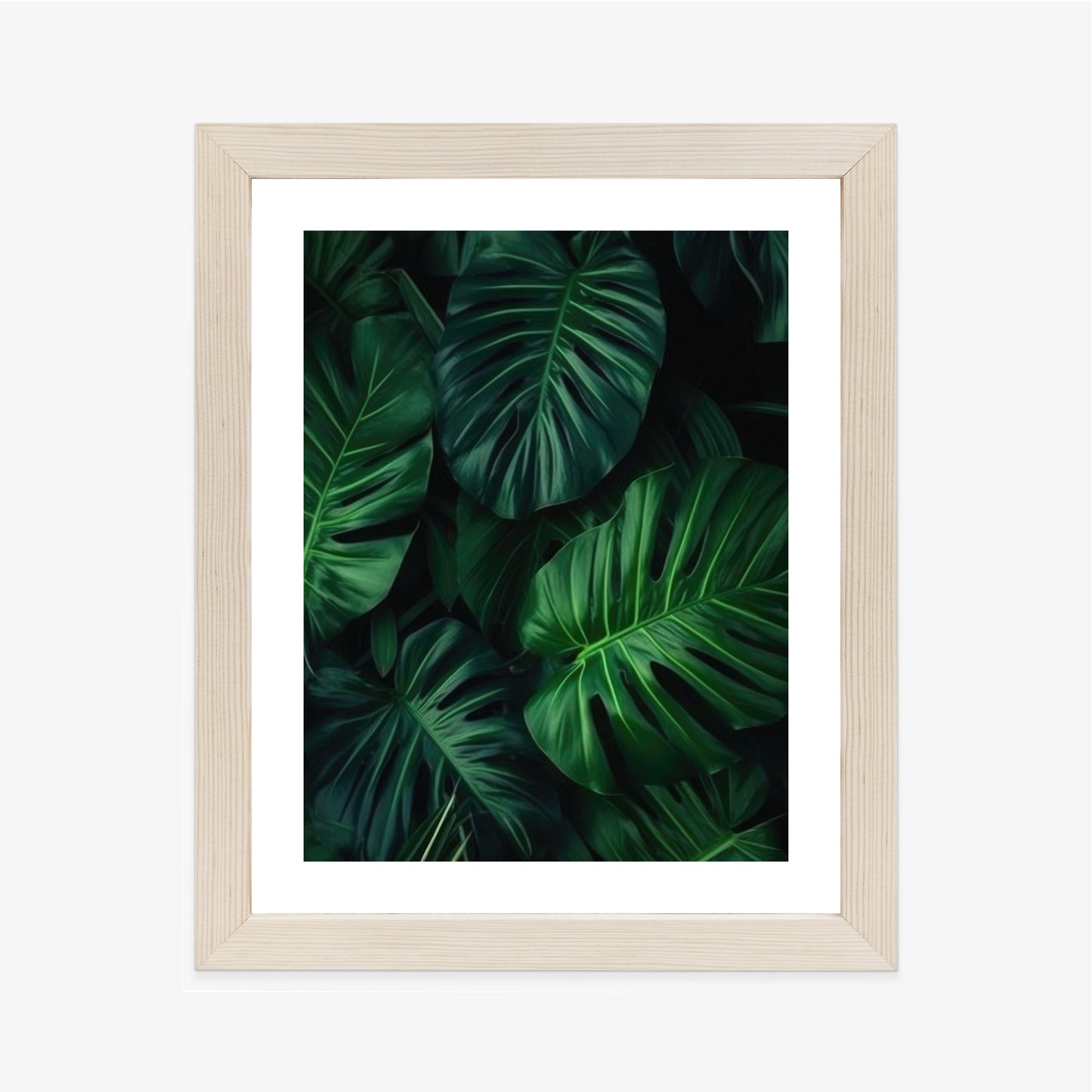 Poster Botanisches Muster Aus Dunkelgrünen Monstera-Blättern Rahmen Holz Mit Passepartout Farbe Natürlich