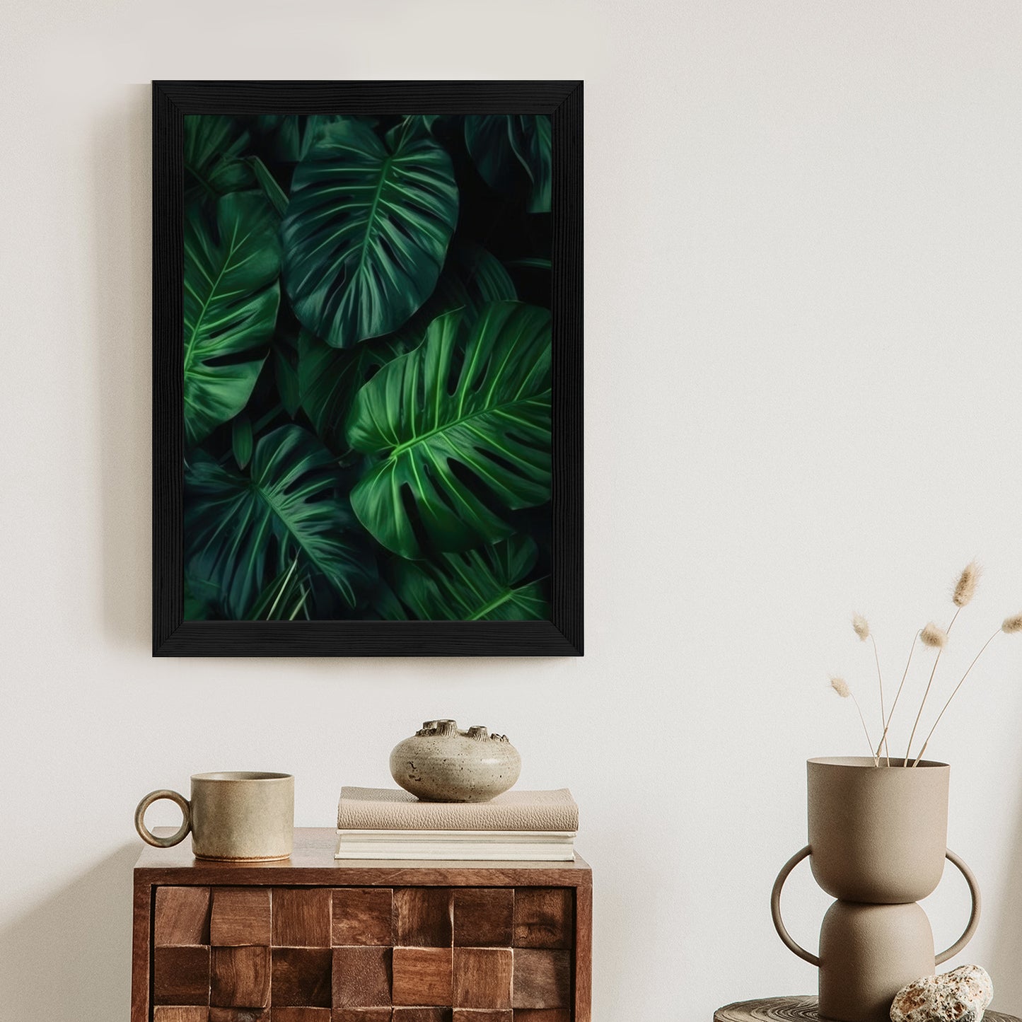 Poster Botanisches Muster Aus Dunkelgrünen Monstera-Blättern Rahmen Holz Mit Passepartout Farbe Natürlich