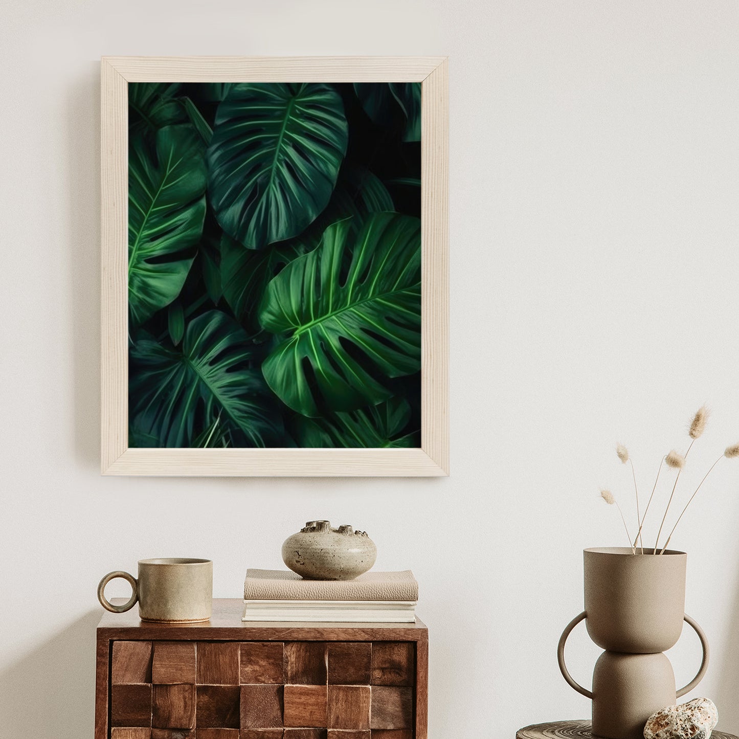 Poster Botanisches Muster Aus Dunkelgrünen Monstera-Blättern Rahmen Holz Mit Passepartout Farbe Natürlich