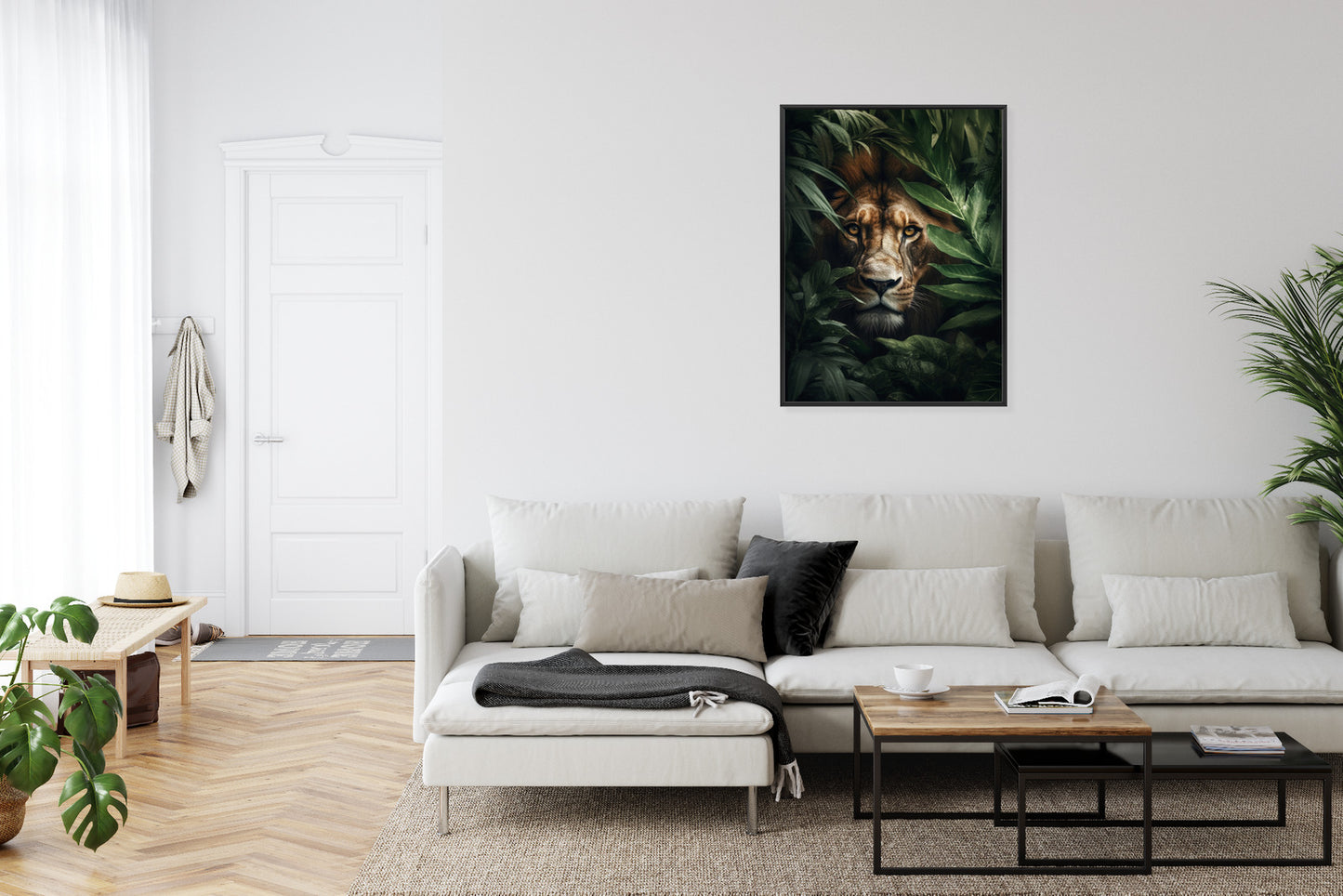 Poster Porträt Eines Löwen Inmitten Tropischer Blätter Rahmen Hölzern Farbe Natürlich
