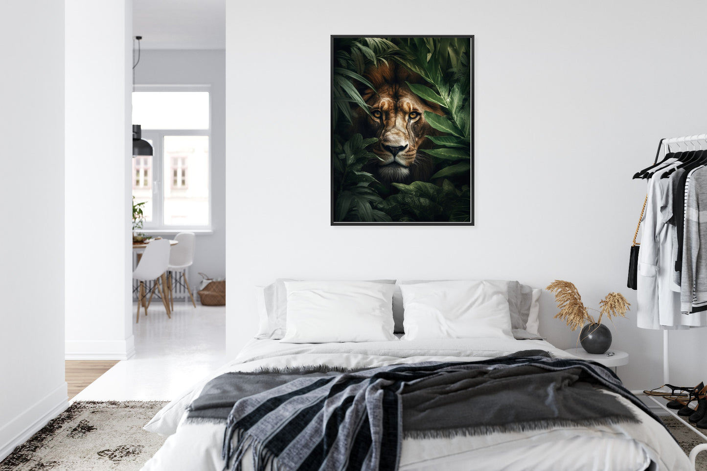 Poster Porträt Eines Löwen Inmitten Tropischer Blätter Rahmen Hölzern Farbe Natürlich