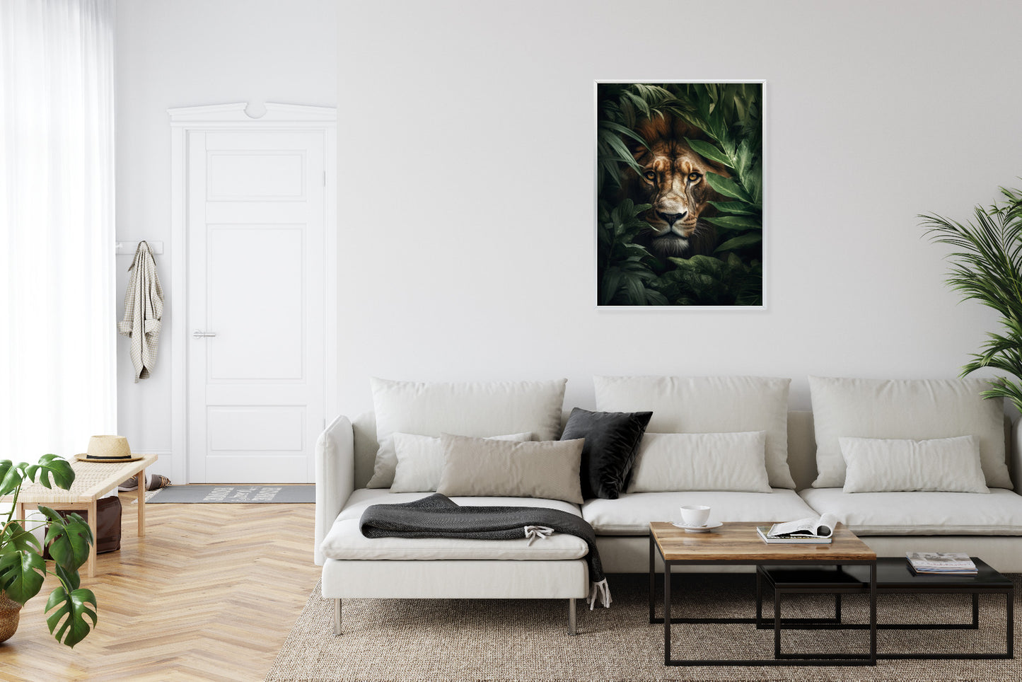 Poster Porträt Eines Löwen Inmitten Tropischer Blätter Rahmen Hölzern Farbe Natürlich