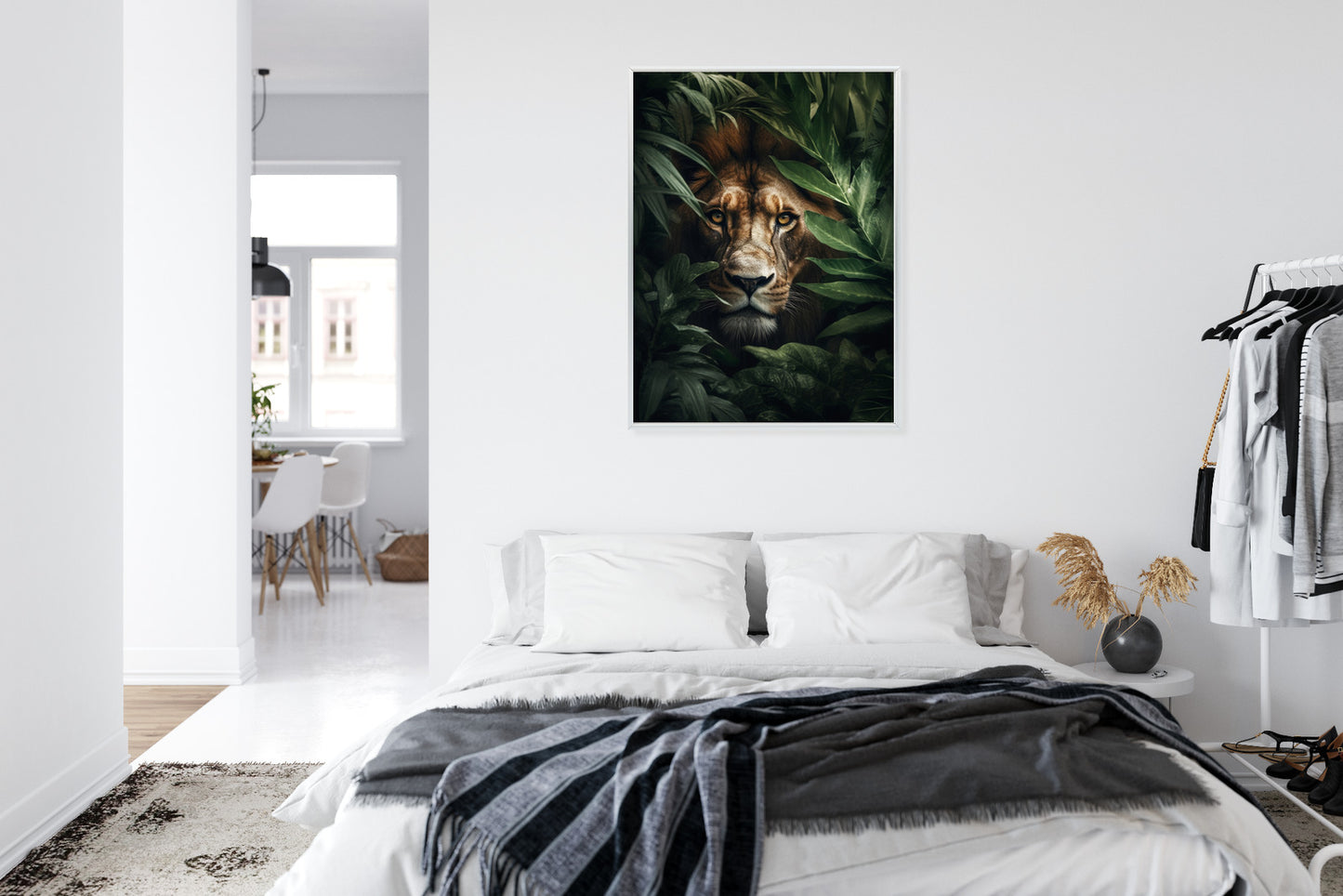 Poster Porträt Eines Löwen Inmitten Tropischer Blätter Rahmen Hölzern Farbe Natürlich