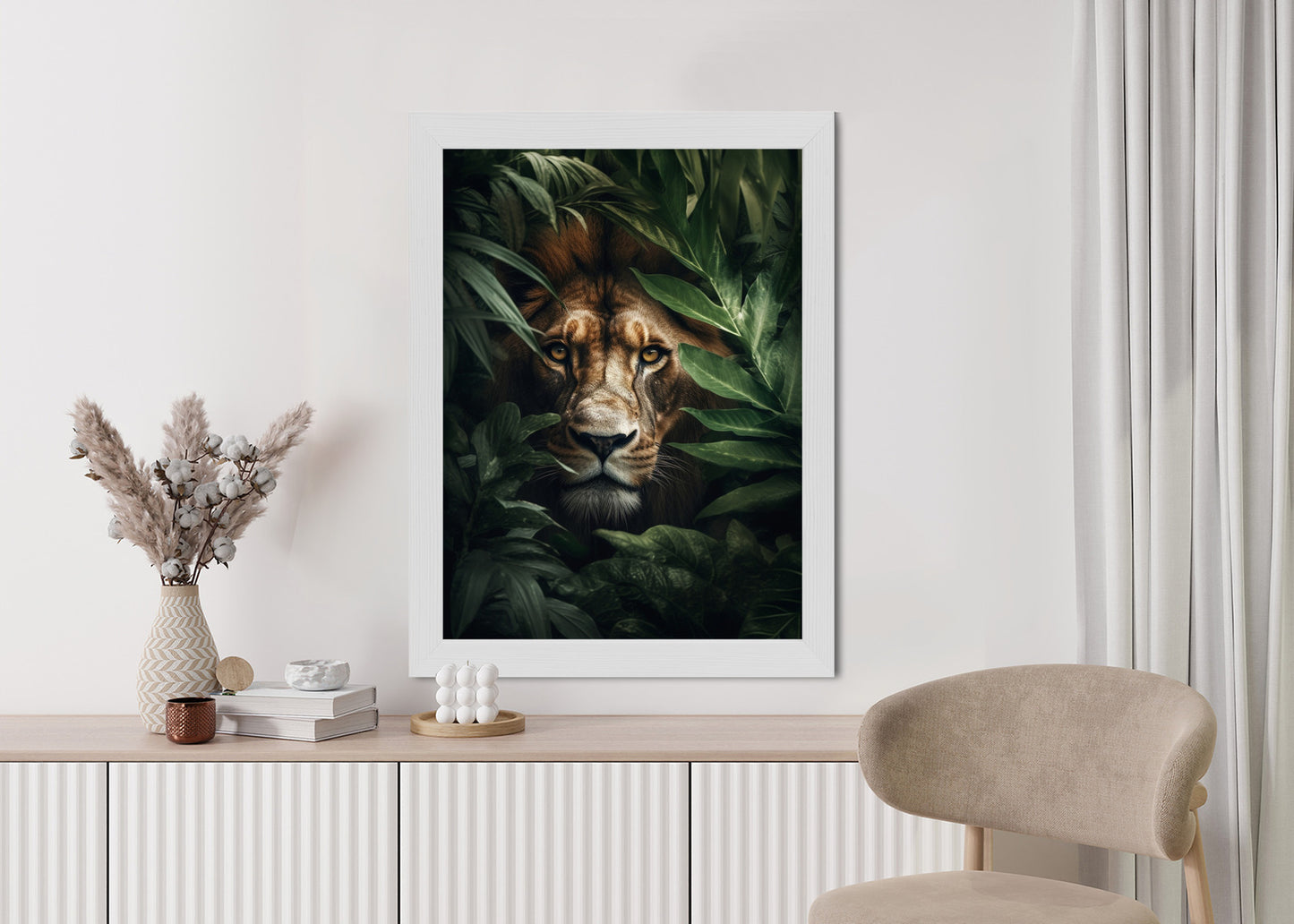 Poster Porträt Eines Löwen Inmitten Tropischer Blätter Rahmen Hölzern Farbe Natürlich