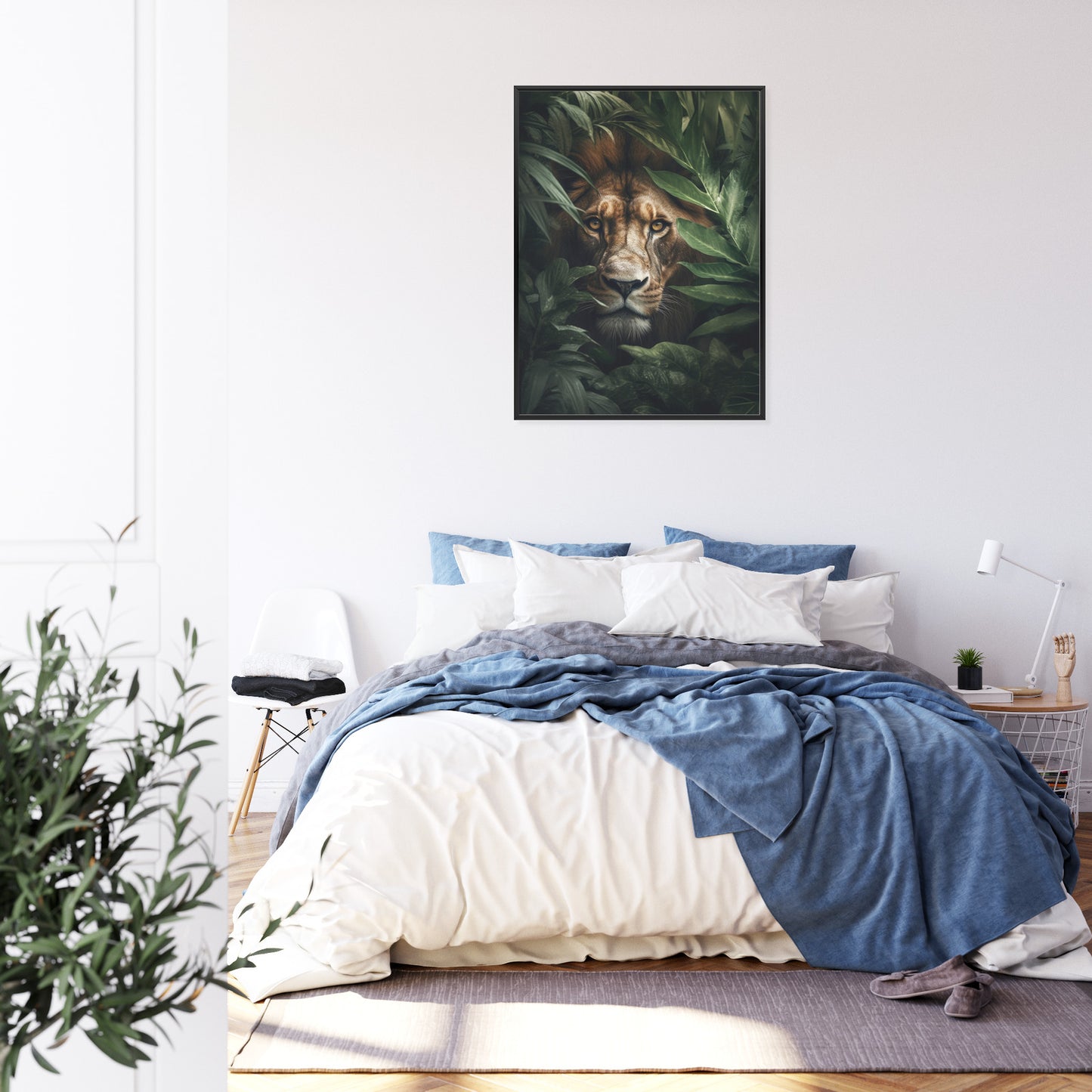 Poster Porträt Eines Löwen Inmitten Tropischer Blätter Rahmen Hölzern Farbe Natürlich