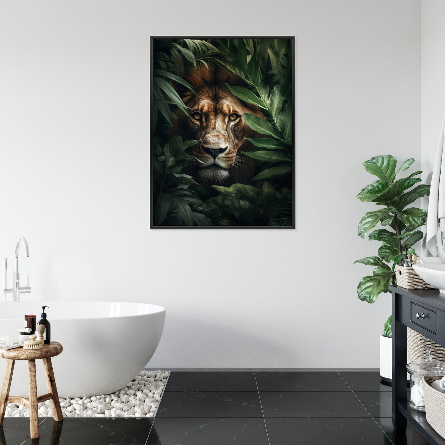 Poster Porträt Eines Löwen Inmitten Tropischer Blätter Rahmen Hölzern Farbe Natürlich