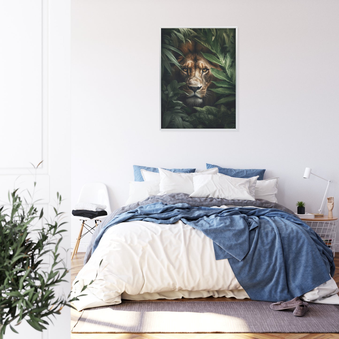 Poster Porträt Eines Löwen Inmitten Tropischer Blätter Rahmen Hölzern Farbe Natürlich