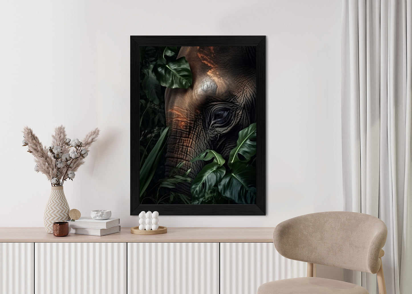 Poster Porträt Eines Elefanten Zwischen Tropischen Bäumen