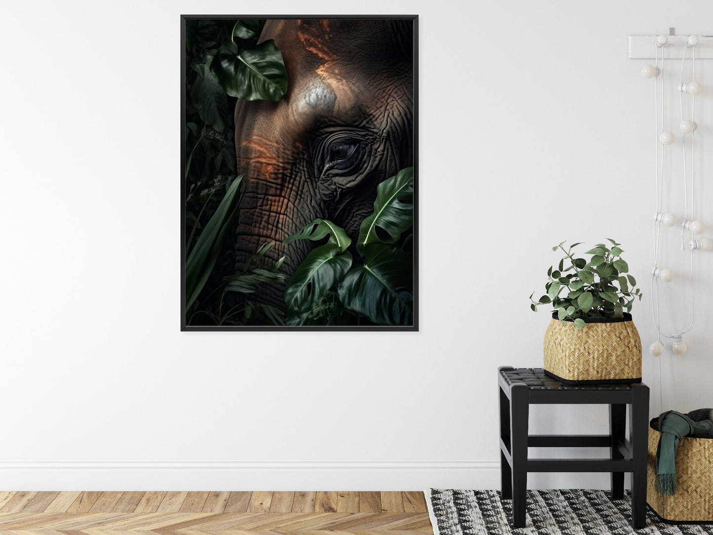 Poster Porträt Eines Elefanten Zwischen Tropischen Bäumen