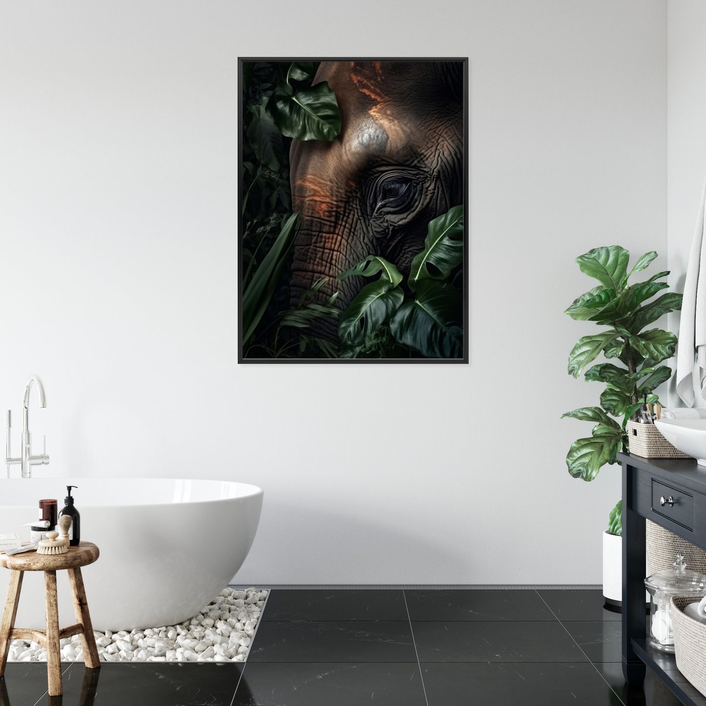 Poster Porträt Eines Elefanten Zwischen Tropischen Bäumen