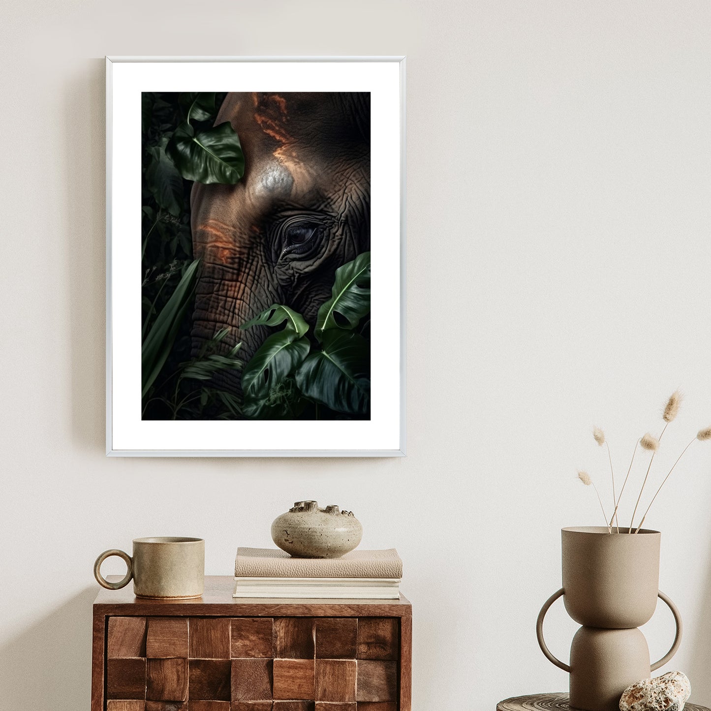 Poster Porträt Eines Elefanten Zwischen Tropischen Bäumen