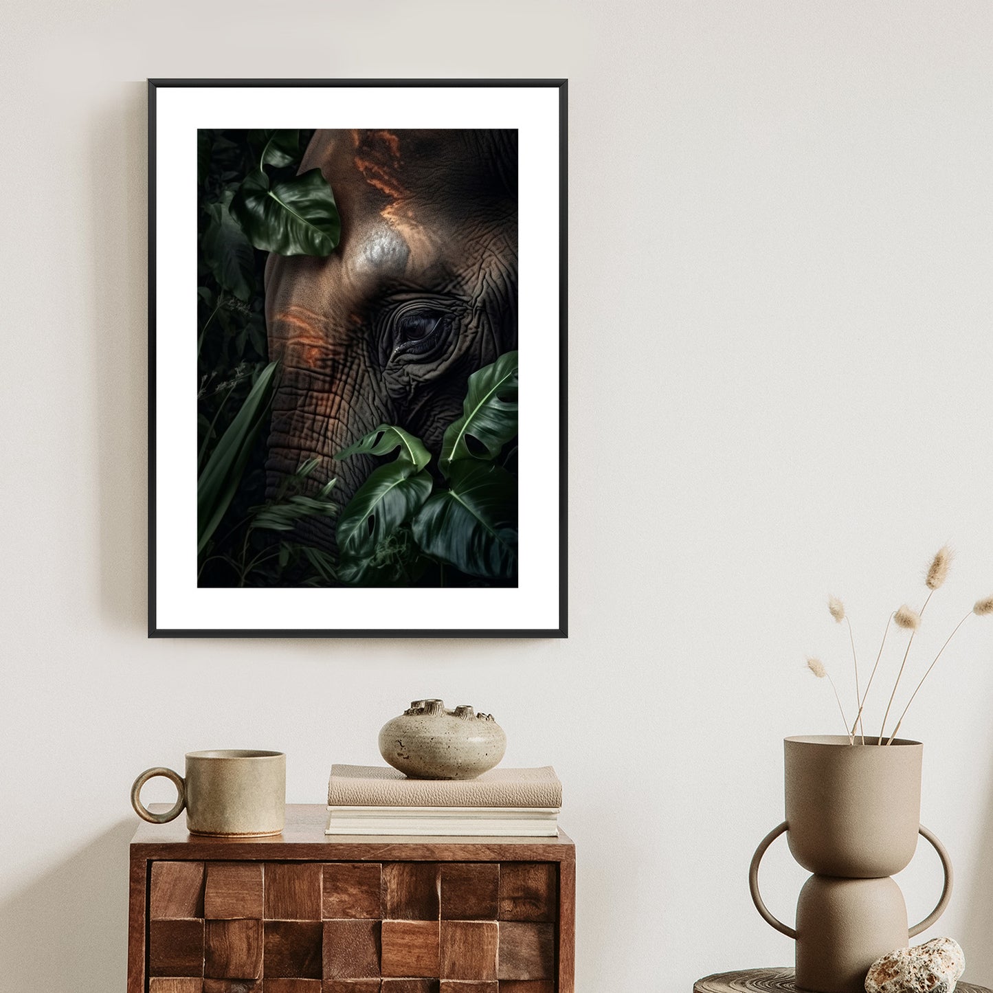 Poster Porträt Eines Elefanten Zwischen Tropischen Bäumen