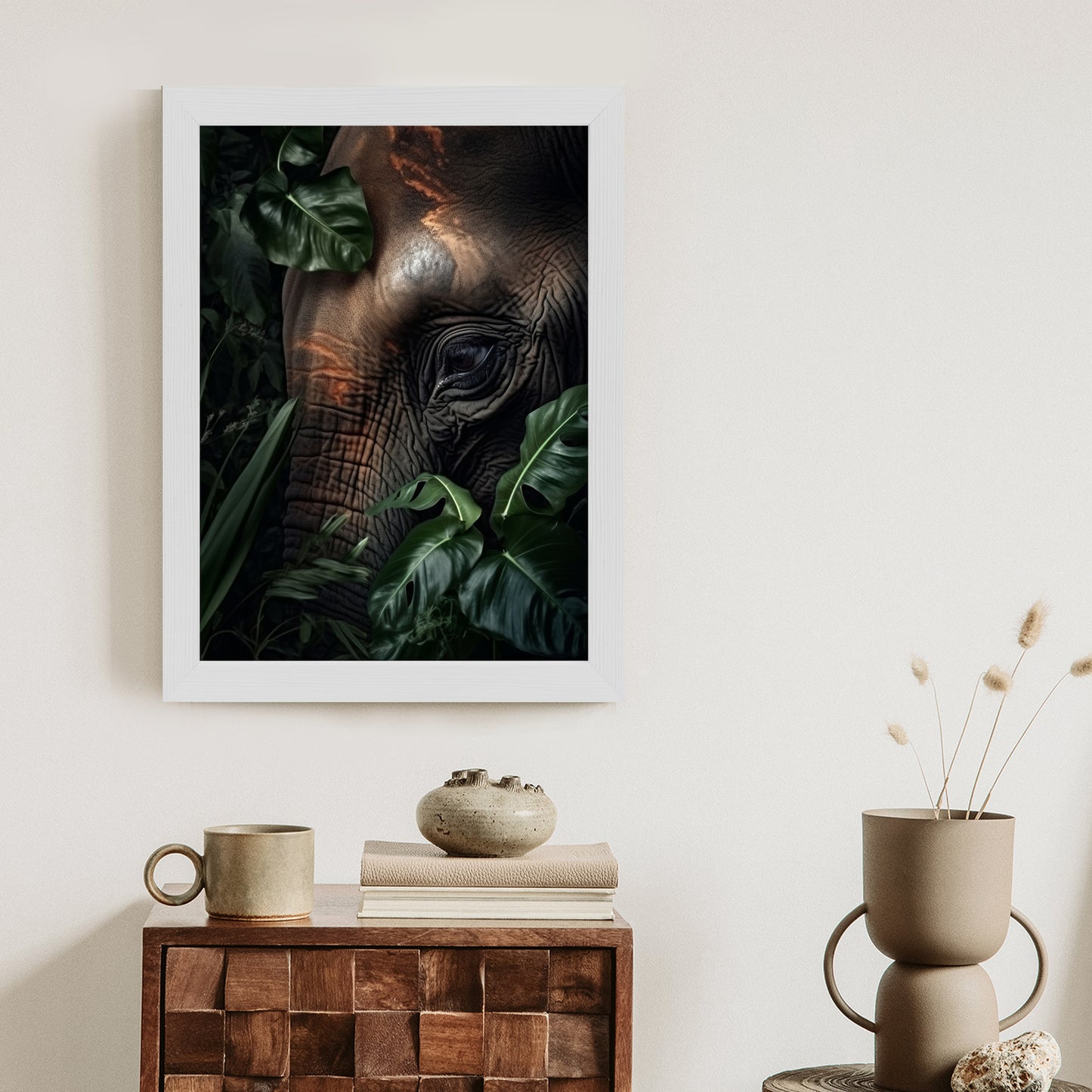 Poster Porträt Eines Elefanten Zwischen Tropischen Bäumen