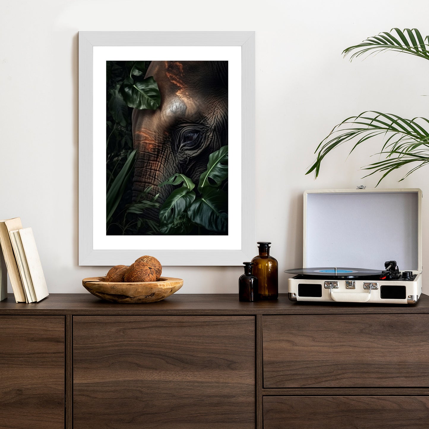 Poster Porträt Eines Elefanten Zwischen Tropischen Bäumen
