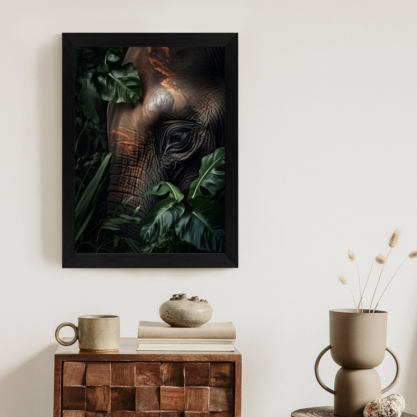 Poster Porträt Eines Elefanten Zwischen Tropischen Bäumen