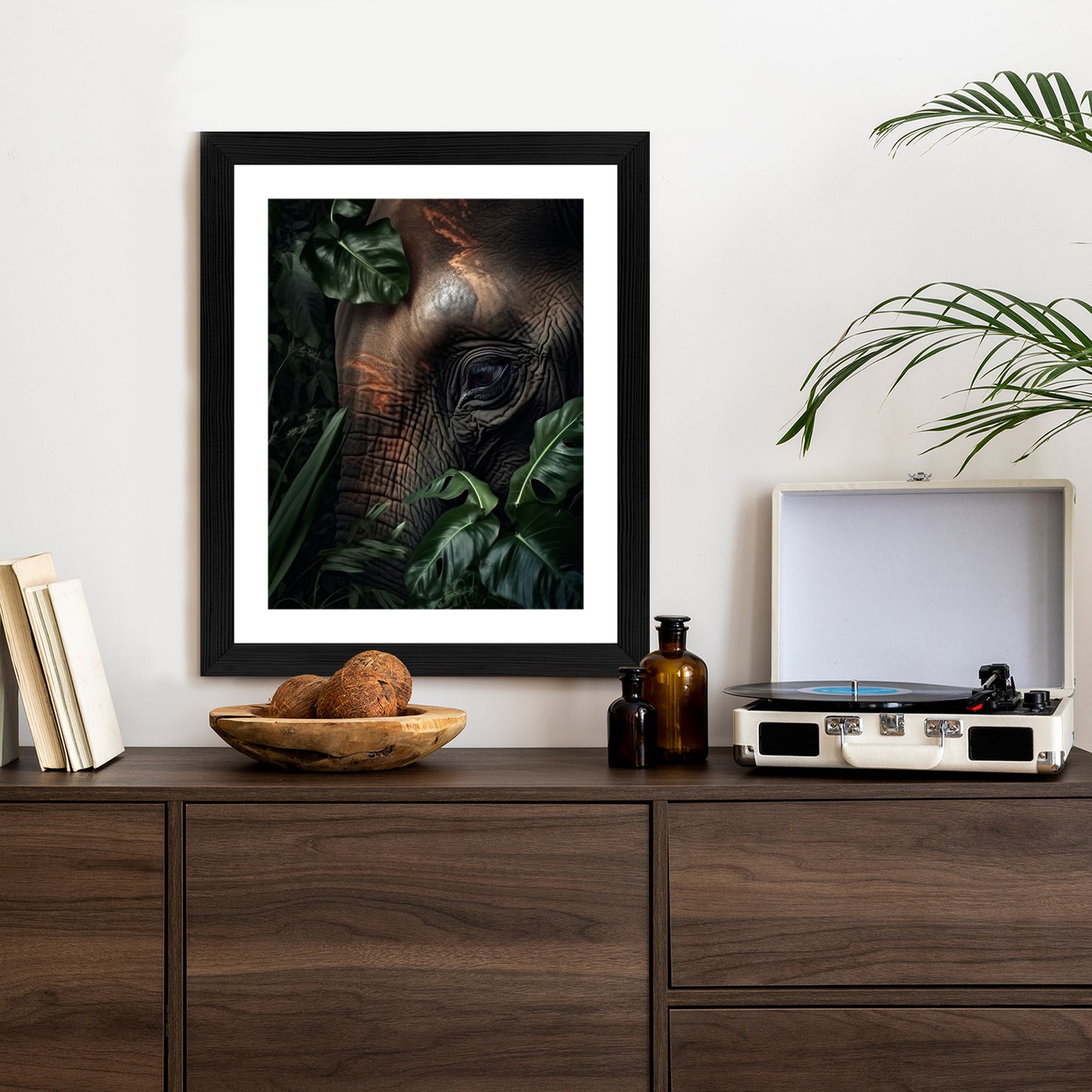 Poster Porträt Eines Elefanten Zwischen Tropischen Bäumen