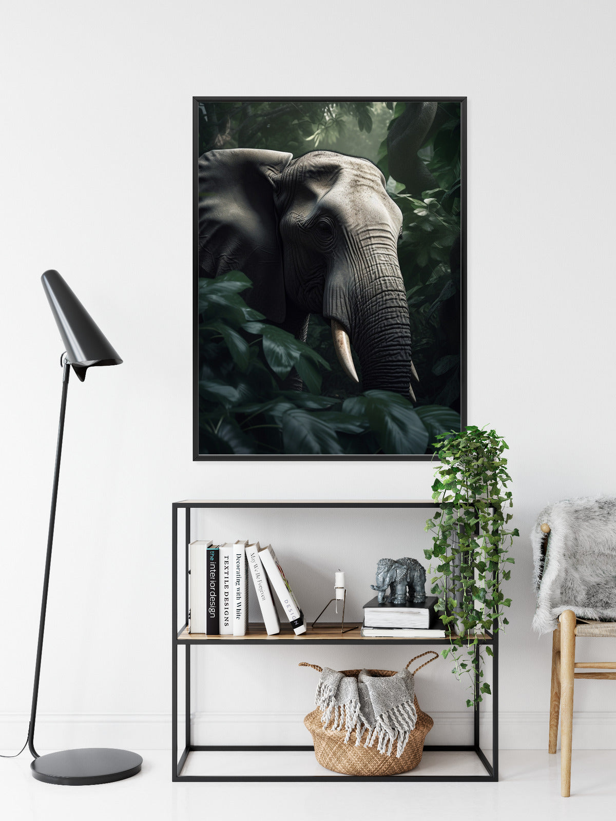 Poster Üppige Dschungelvegetation Und Ein Elefant Rahmen Holz Mit Passepartout Farbe Natürlich