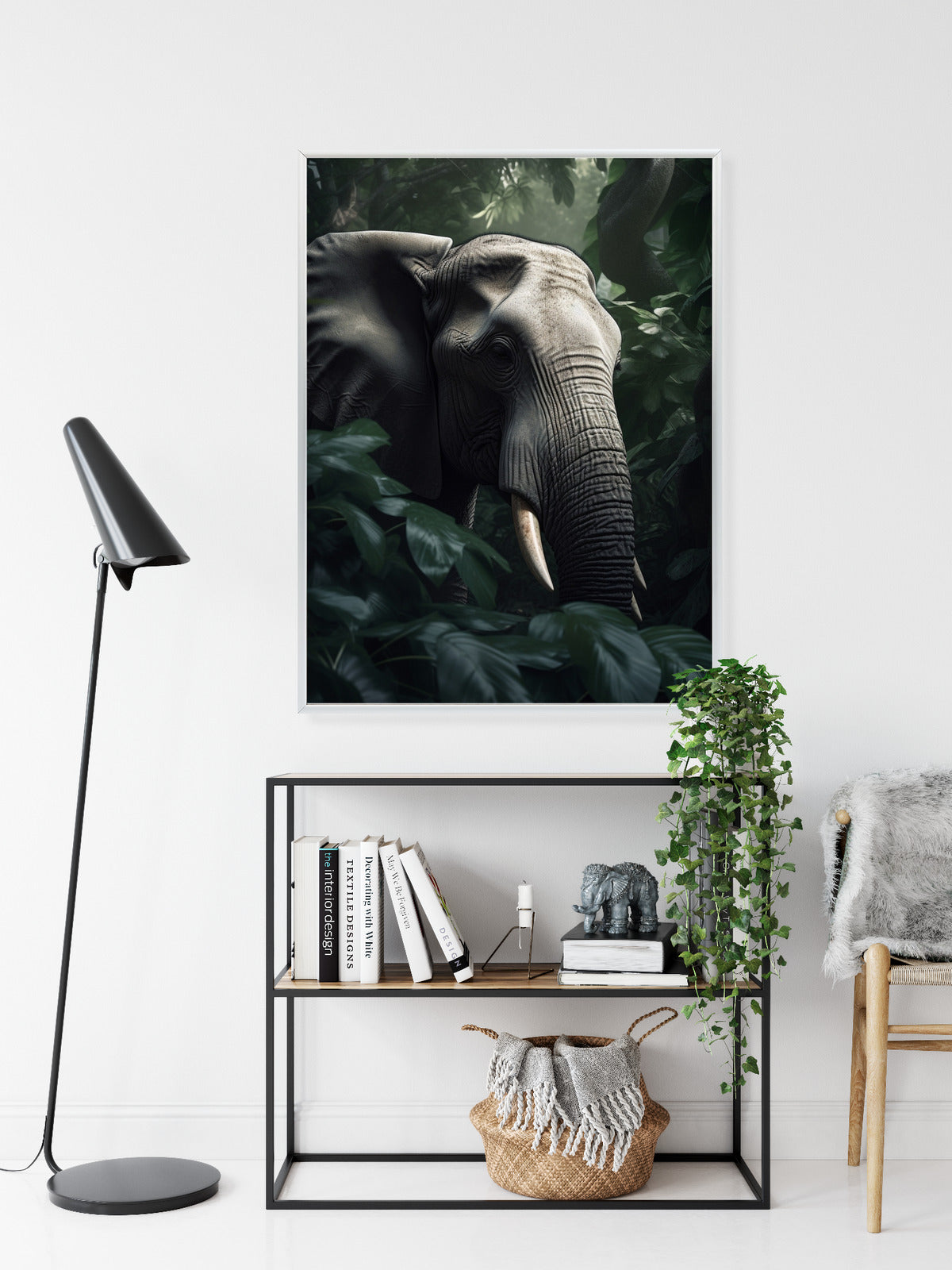 Poster Üppige Dschungelvegetation Und Ein Elefant Rahmen Holz Mit Passepartout Farbe Natürlich