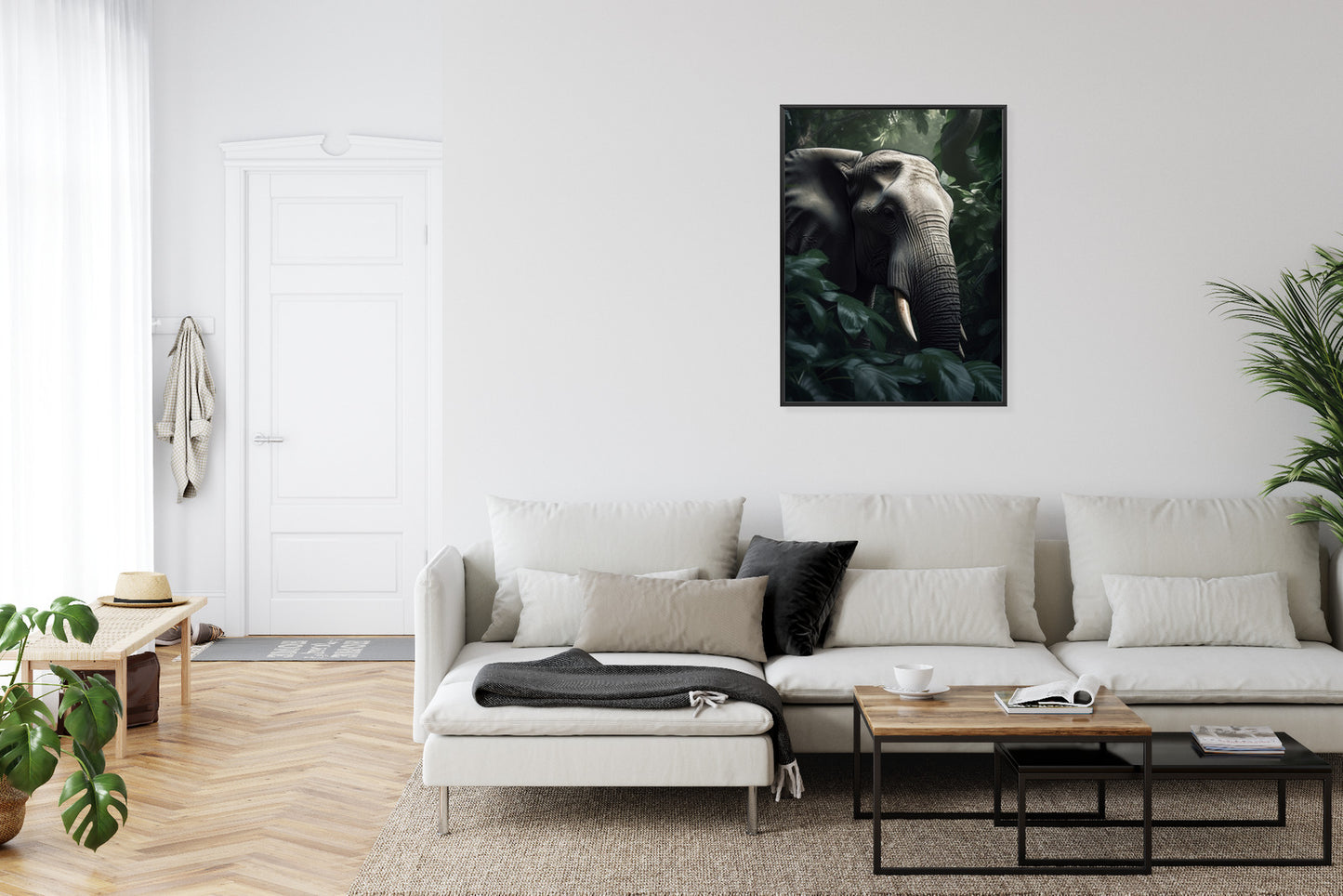 Poster Üppige Dschungelvegetation Und Ein Elefant Rahmen Holz Mit Passepartout Farbe Natürlich