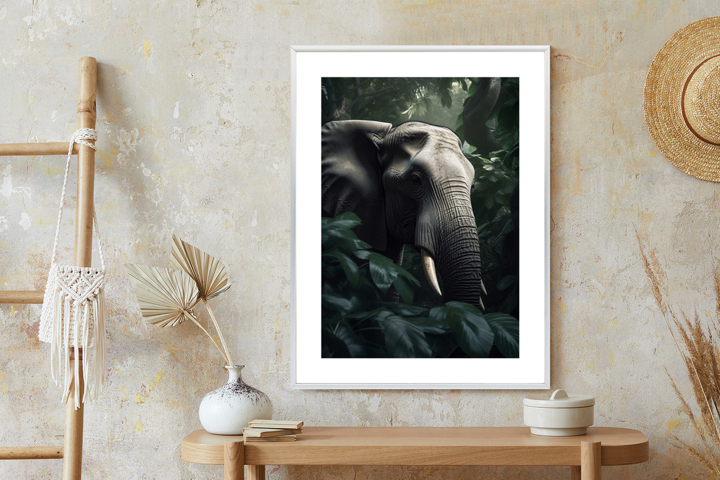 Poster Üppige Dschungelvegetation Und Ein Elefant Rahmen Holz Mit Passepartout Farbe Natürlich
