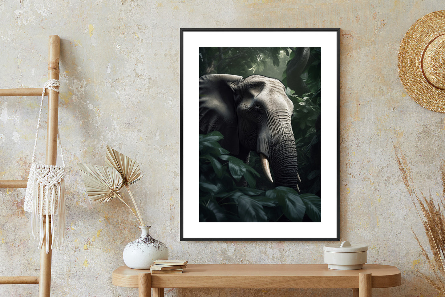 Poster Üppige Dschungelvegetation Und Ein Elefant Rahmen Holz Mit Passepartout Farbe Natürlich