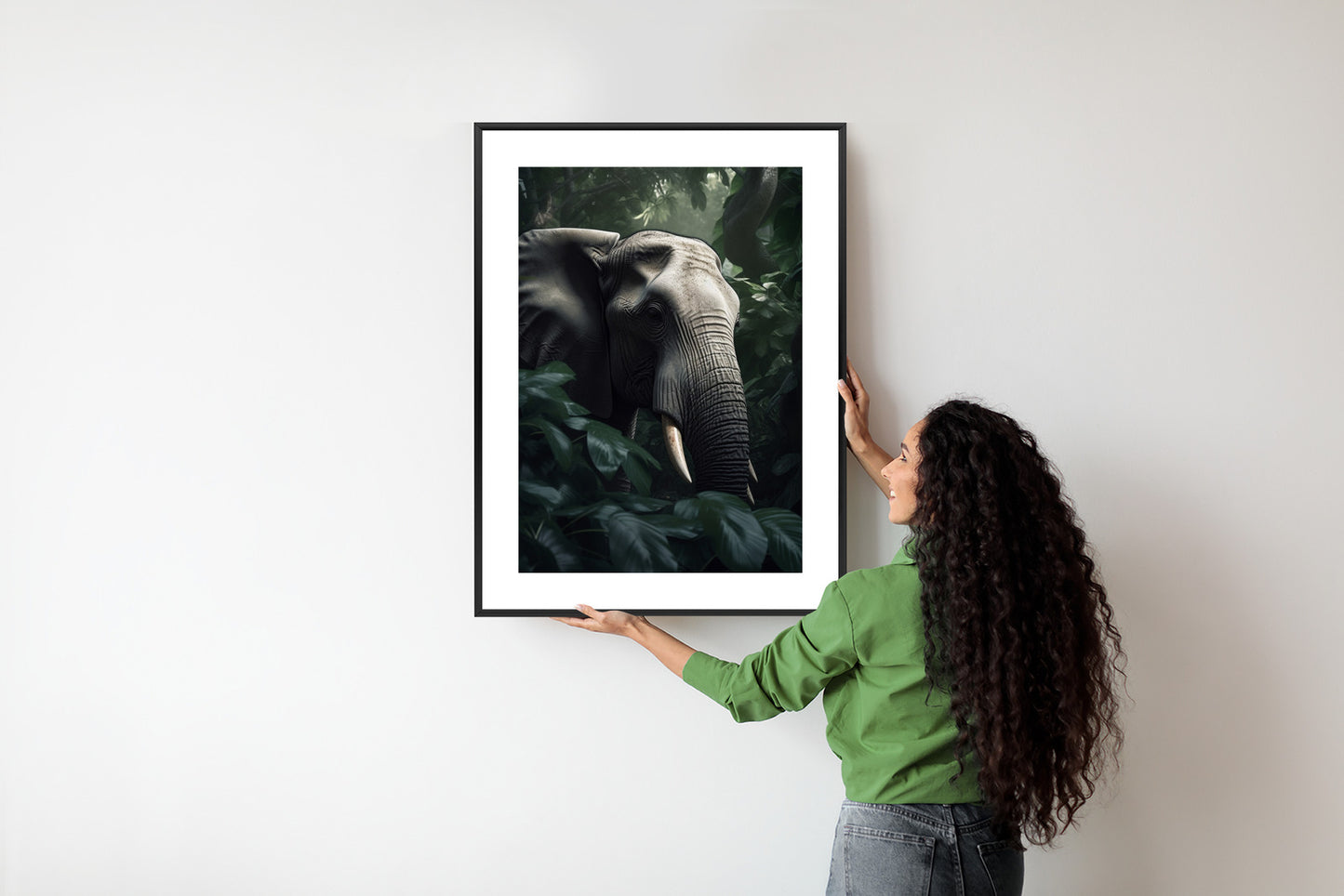 Poster Üppige Dschungelvegetation Und Ein Elefant Rahmen Holz Mit Passepartout Farbe Natürlich