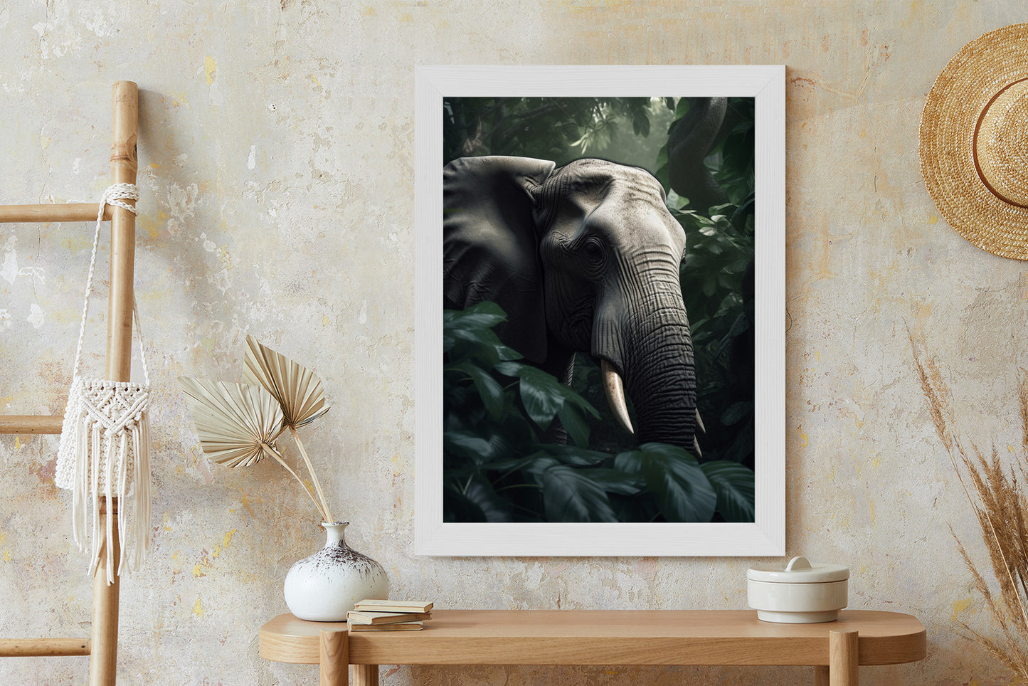 Poster Üppige Dschungelvegetation Und Ein Elefant Rahmen Holz Mit Passepartout Farbe Natürlich