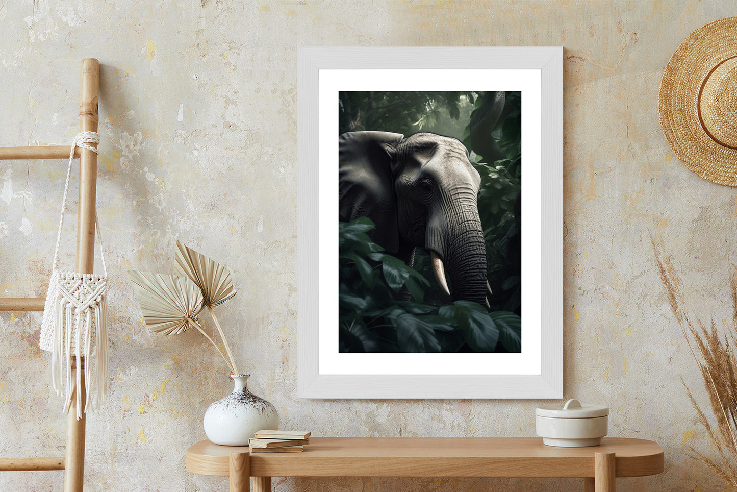 Poster Üppige Dschungelvegetation Und Ein Elefant Rahmen Holz Mit Passepartout Farbe Natürlich