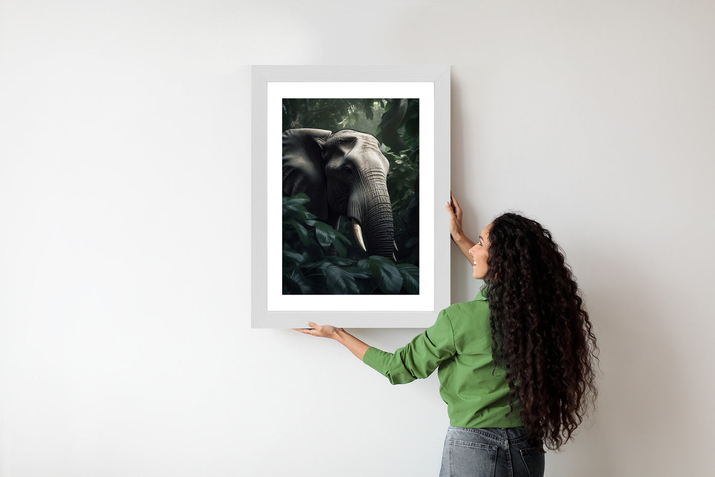 Poster Üppige Dschungelvegetation Und Ein Elefant Rahmen Holz Mit Passepartout Farbe Natürlich