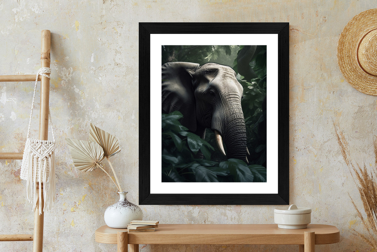 Poster Üppige Dschungelvegetation Und Ein Elefant Rahmen Holz Mit Passepartout Farbe Natürlich