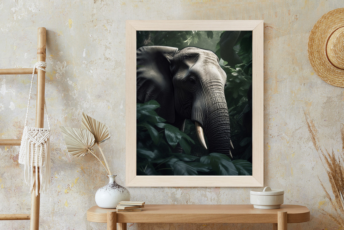 Poster Üppige Dschungelvegetation Und Ein Elefant Rahmen Holz Mit Passepartout Farbe Natürlich