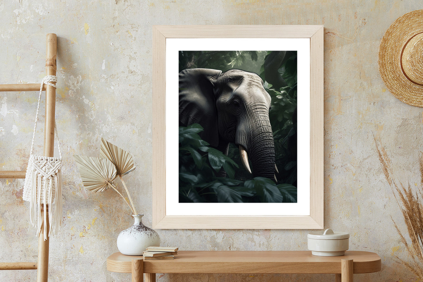 Poster Üppige Dschungelvegetation Und Ein Elefant Rahmen Holz Mit Passepartout Farbe Natürlich
