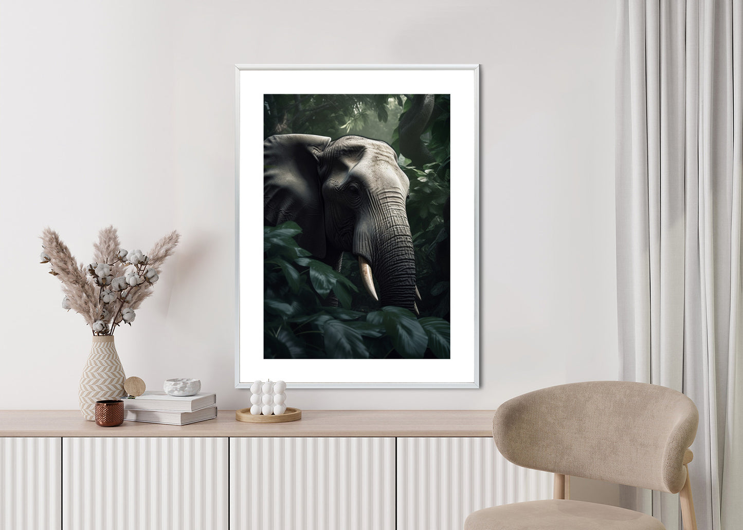 Poster Üppige Dschungelvegetation Und Ein Elefant Rahmen Holz Mit Passepartout Farbe Natürlich