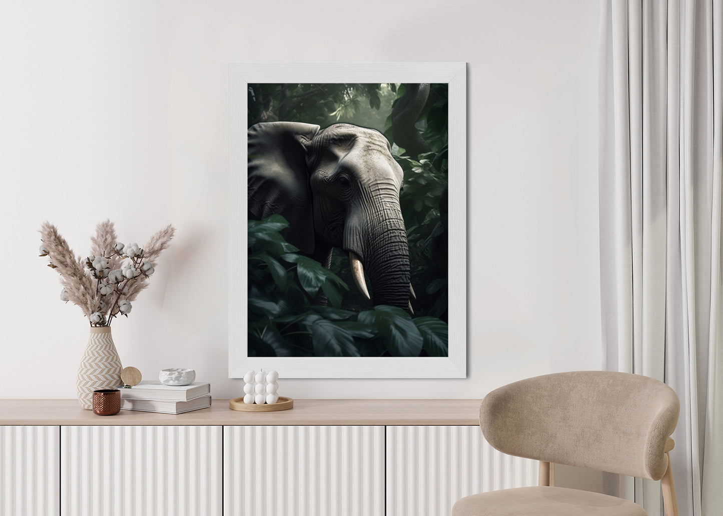 Poster Üppige Dschungelvegetation Und Ein Elefant Rahmen Holz Mit Passepartout Farbe Natürlich
