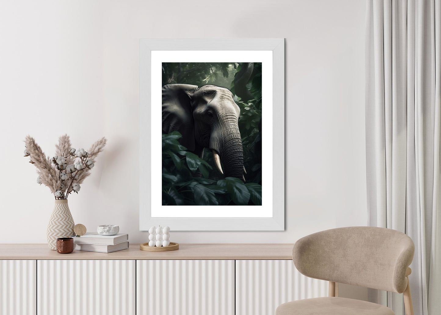Poster Üppige Dschungelvegetation Und Ein Elefant Rahmen Holz Mit Passepartout Farbe Natürlich