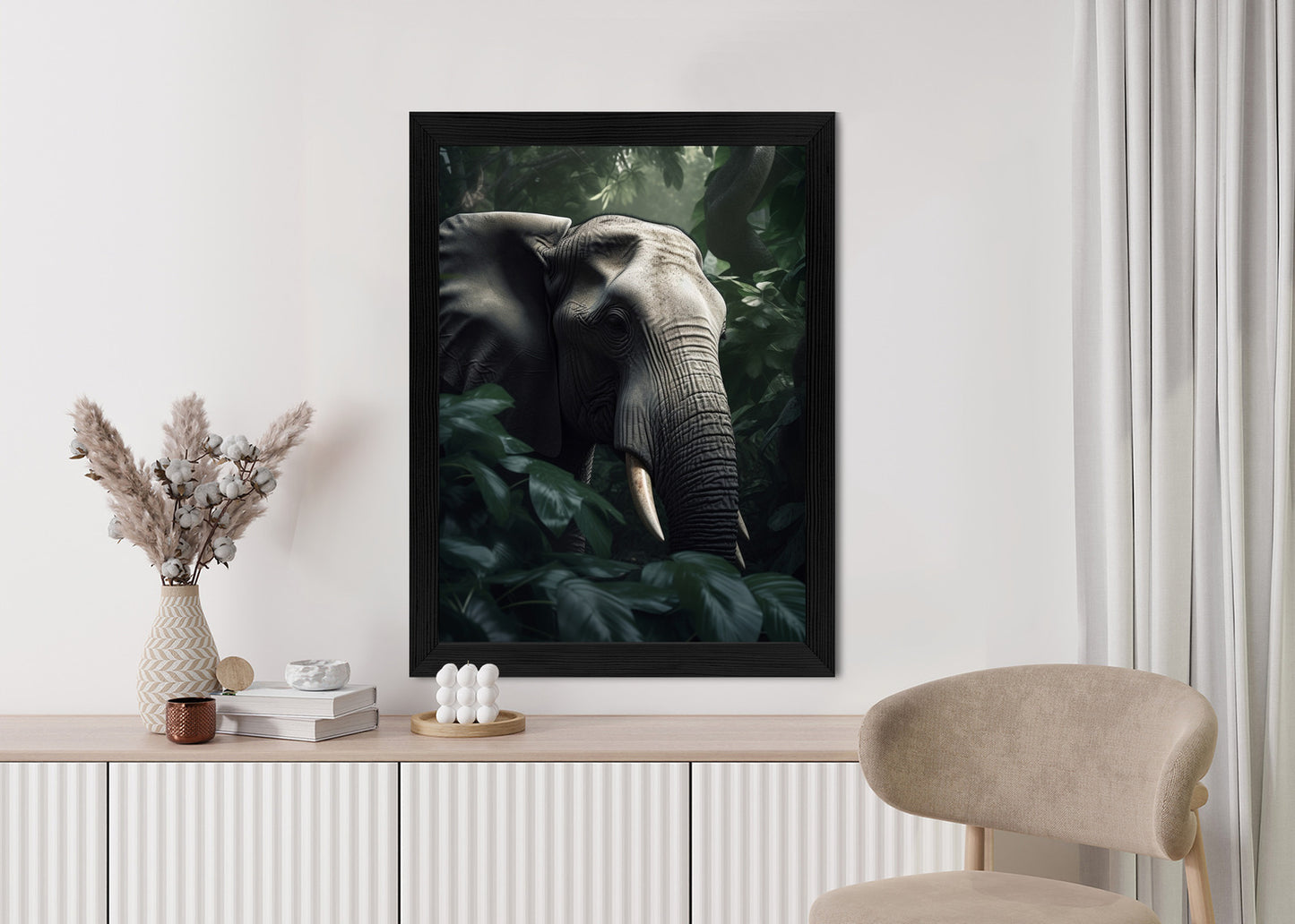 Poster Üppige Dschungelvegetation Und Ein Elefant Rahmen Holz Mit Passepartout Farbe Natürlich