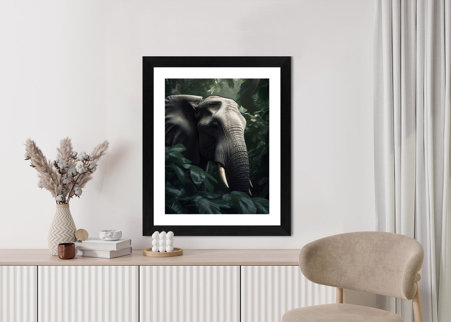 Poster Üppige Dschungelvegetation Und Ein Elefant Rahmen Holz Mit Passepartout Farbe Natürlich